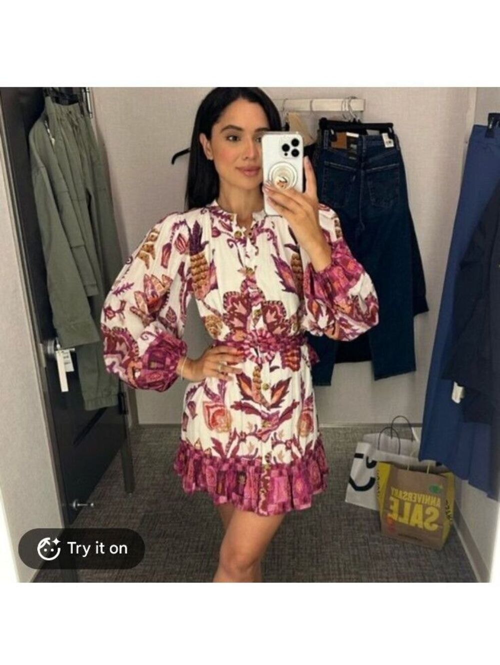 Farm Rio Women's Floral Print Long Sleeve Mini Sunset Tapestry Dress XS